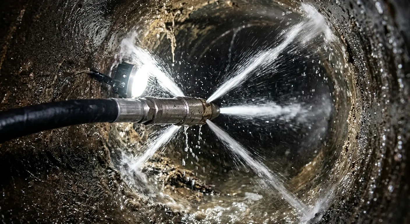 High-pressure hydro jetting nozzle cleaning sewer pipe for Trenchless Sewer Repair in Collierville