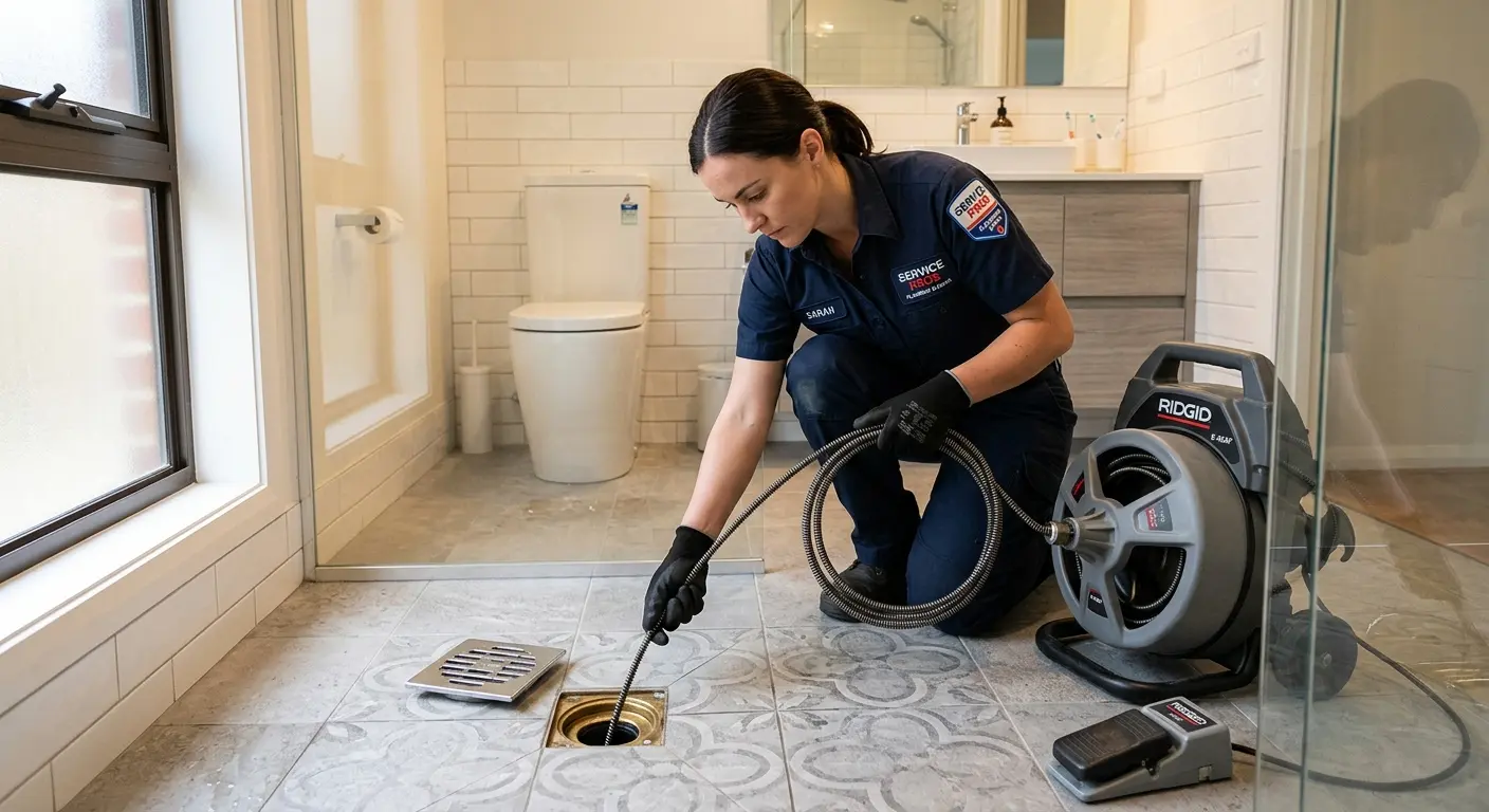 Technician clearing a bathroom floor drain for Drain Cleaning in Collierville
